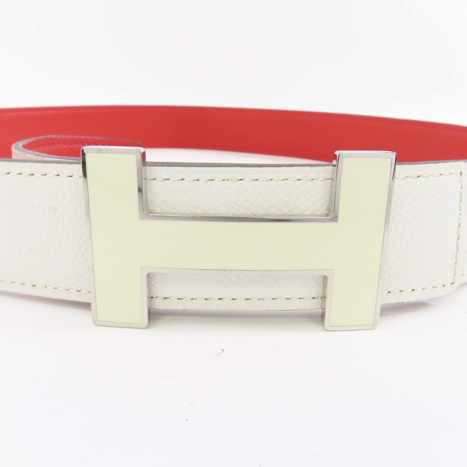 HERMES Epsom皮革H Belt 85cm銀扣皮帶白色