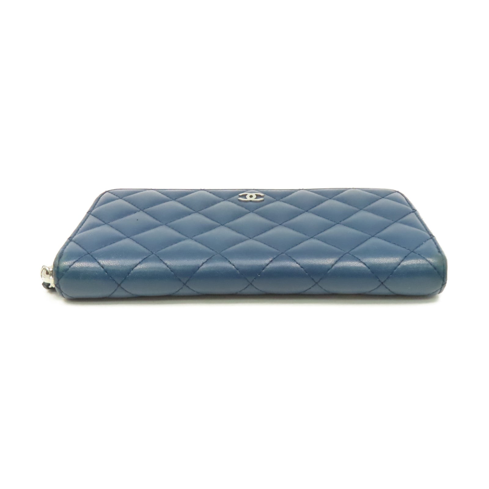 CHANEL 菱格羊皮皮革Round Long Wallet銀扣拉鏈長錢包藍色