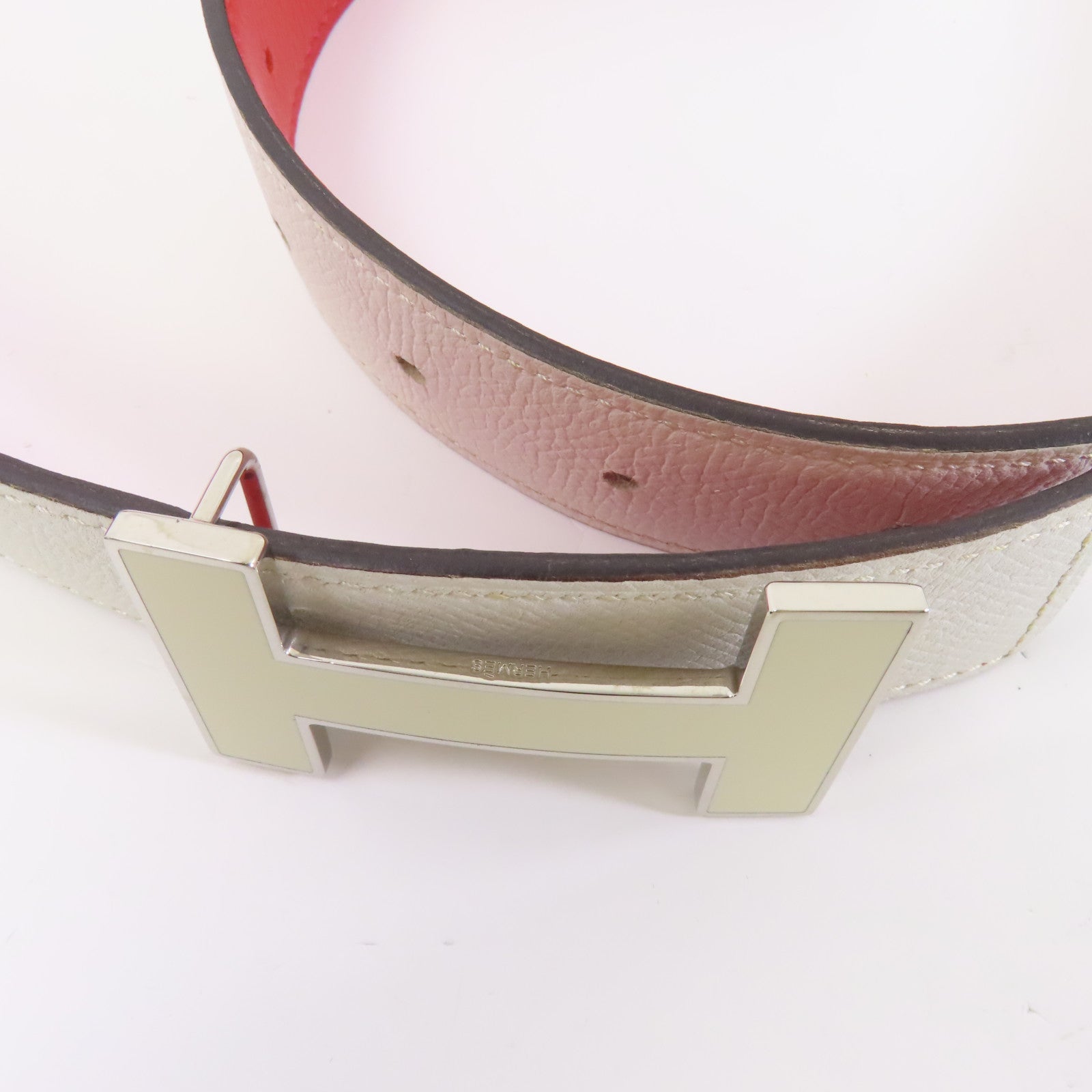 HERMES Epsom皮革H Belt 85cm銀扣皮帶白色