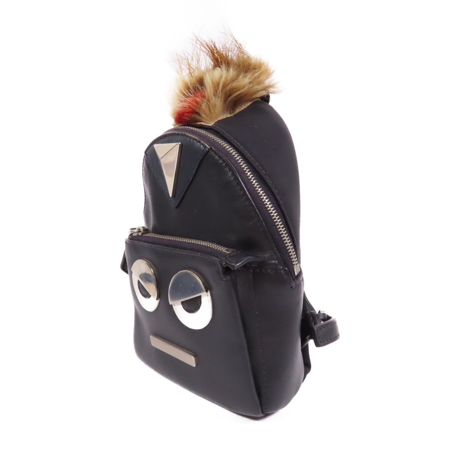 FENDI 牛皮皮革/Fur Monster Micro Backpack掛飾/銀扣零錢包黑色