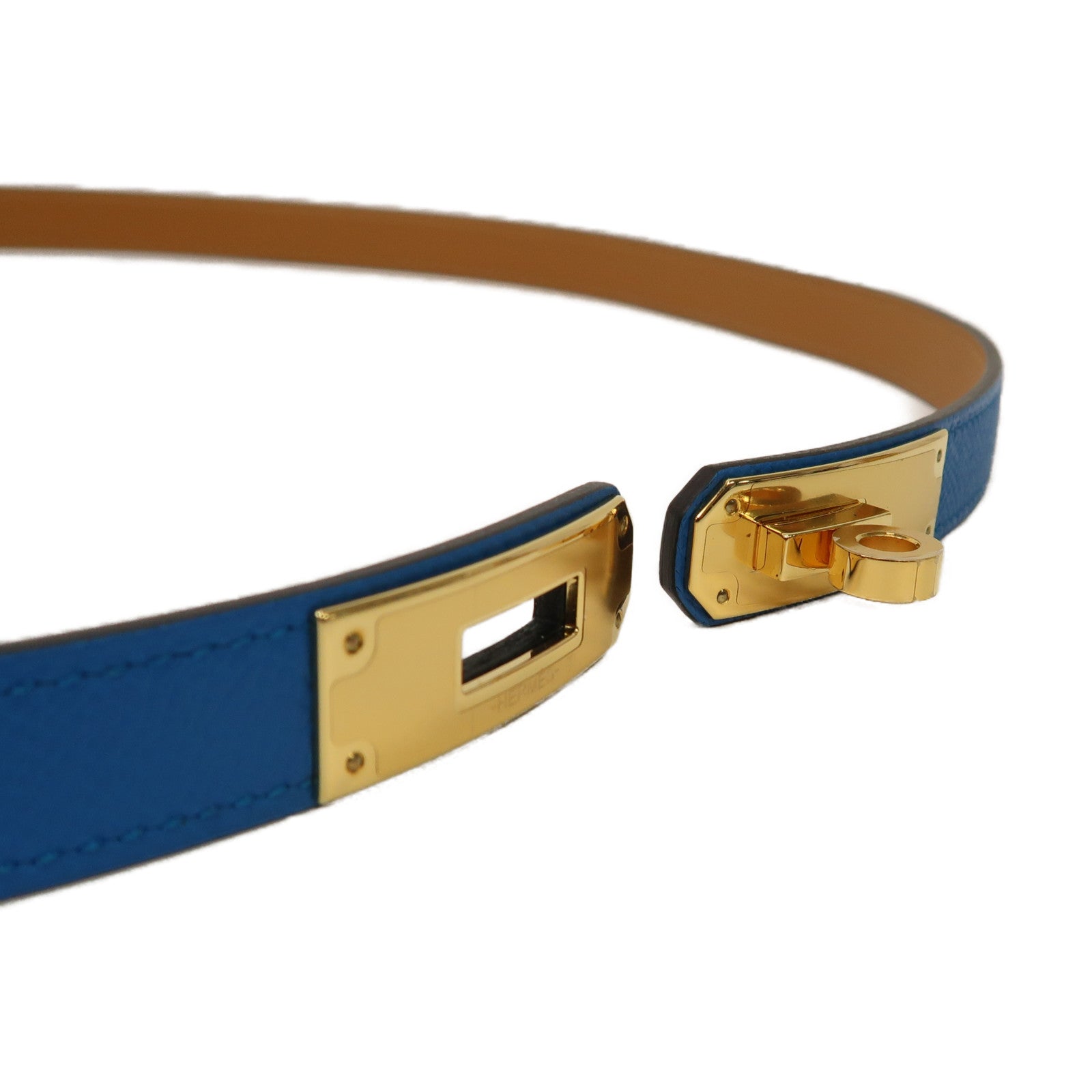 HERMES 皮革Kelly 18 Belt金扣皮帶藍色
