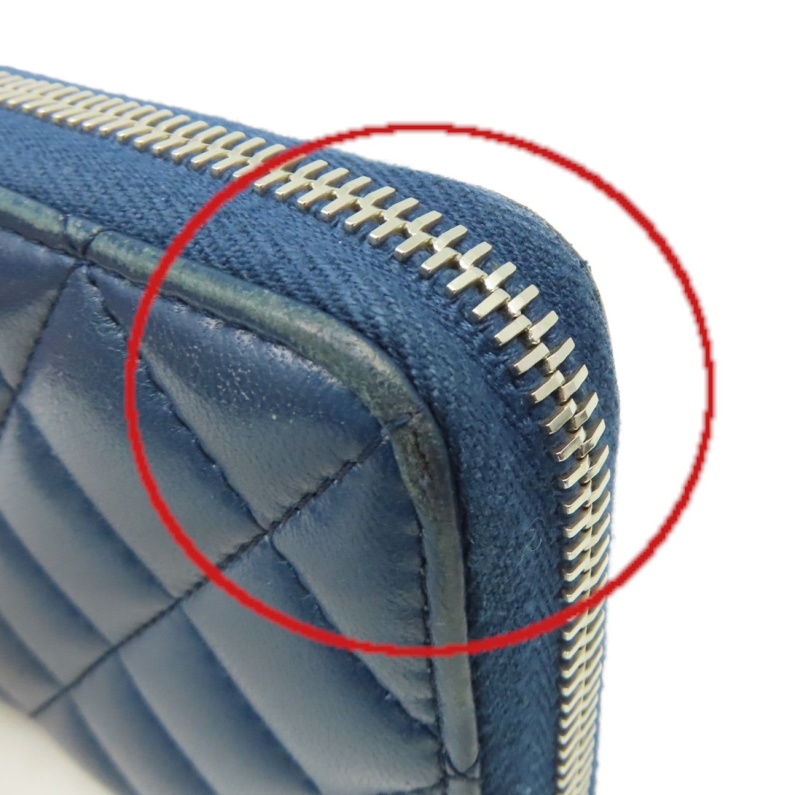 CHANEL 菱格羊皮皮革Round Long Wallet銀扣拉鏈長錢包藍色
