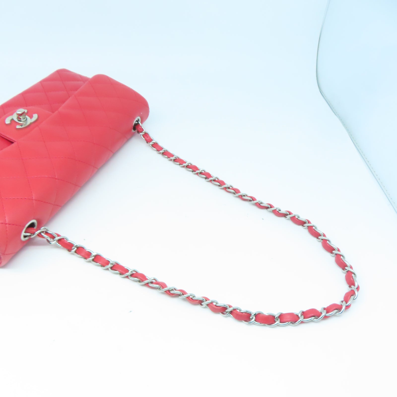 CHANEL 【清倉大減價】菱格牛皮皮革Shoulder Bag銀扣鏈帶肩背袋紅色