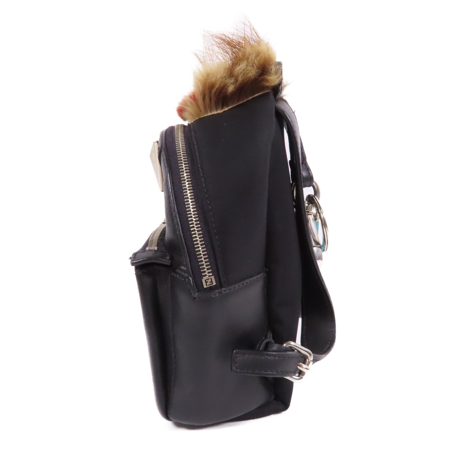 FENDI 牛皮皮革/Fur Monster Micro Backpack掛飾/銀扣零錢包黑色