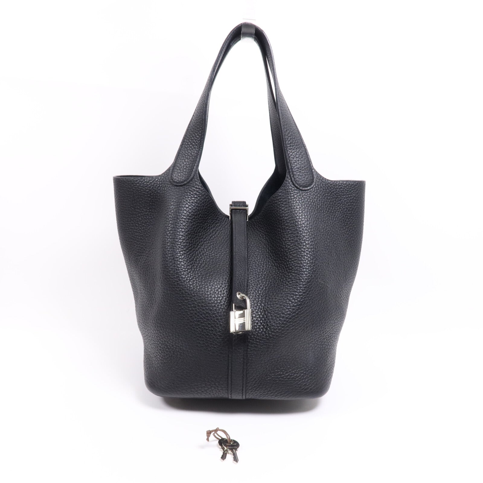 HERMES Clemence皮革Picotin MM銀扣手挽袋Noir