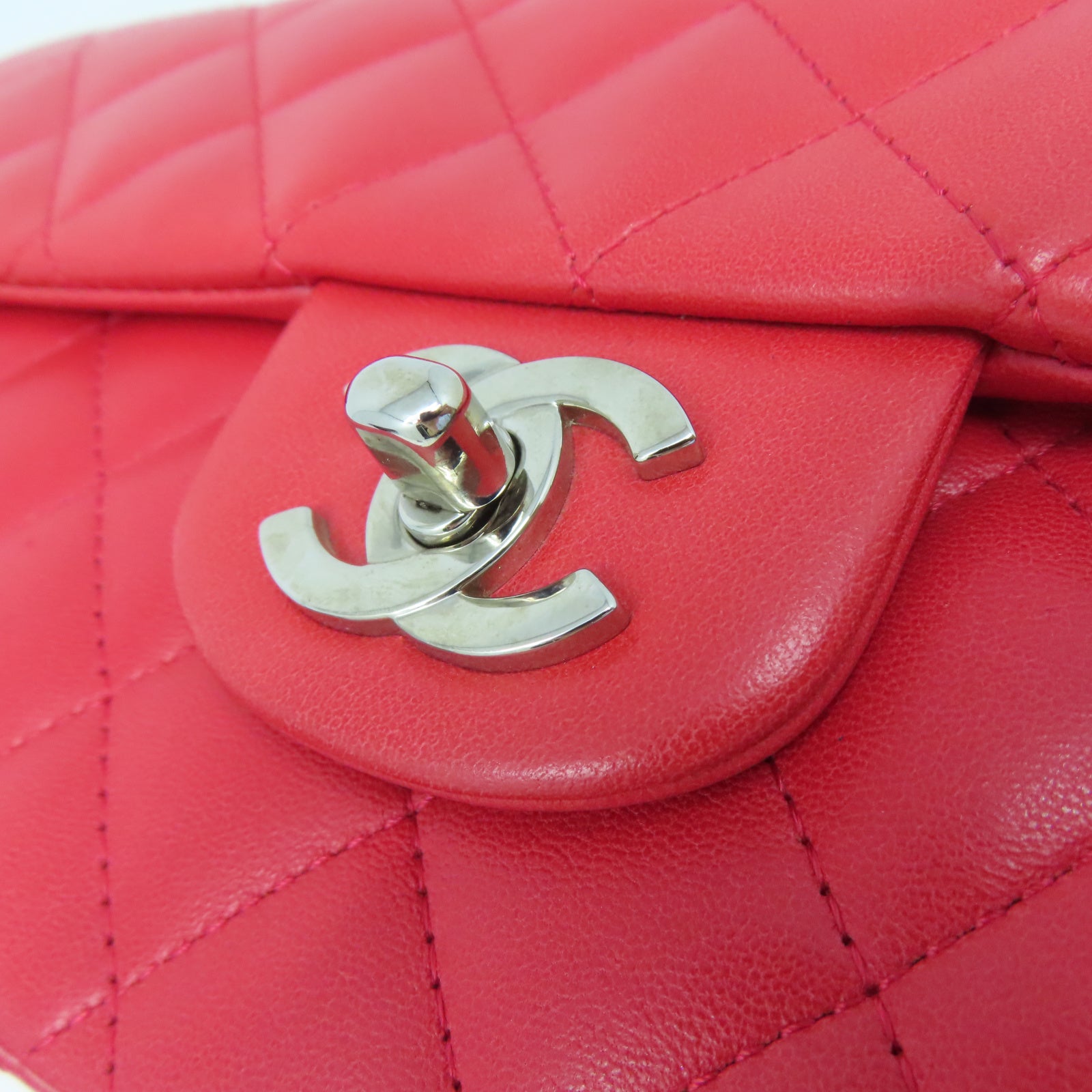 CHANEL 【清倉大減價】菱格牛皮皮革Shoulder Bag銀扣鏈帶肩背袋紅色