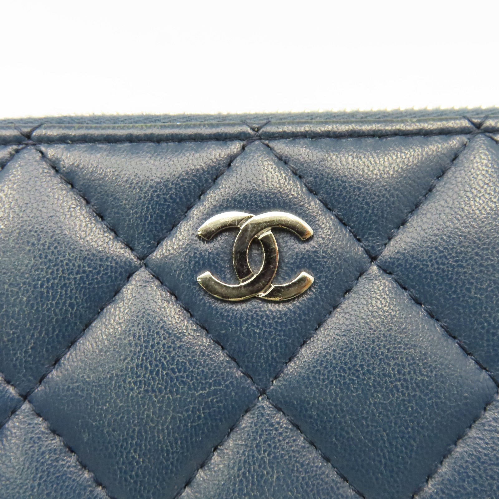 CHANEL 菱格羊皮皮革Round Long Wallet銀扣拉鏈長錢包藍色