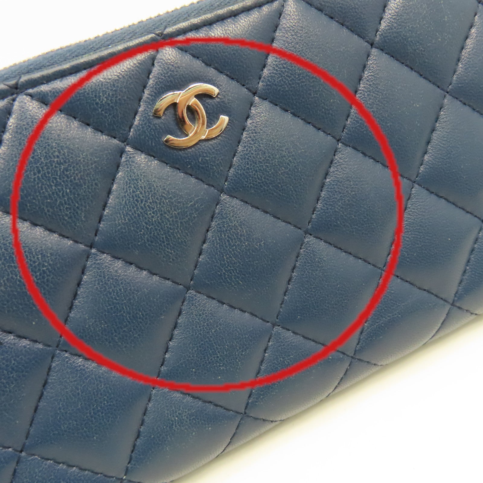 CHANEL 菱格羊皮皮革Round Long Wallet銀扣拉鏈長錢包藍色