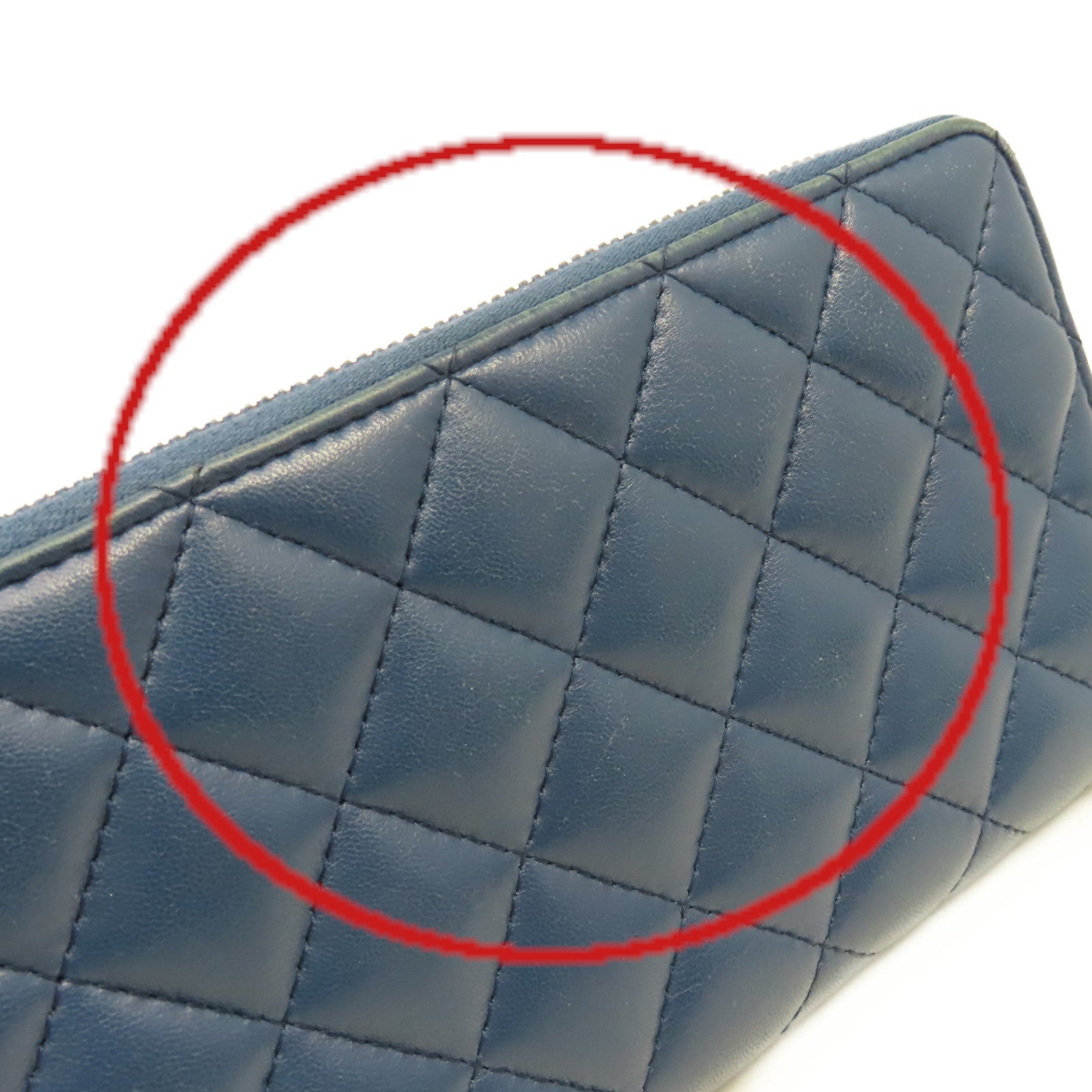CHANEL 菱格羊皮皮革Round Long Wallet銀扣拉鏈長錢包藍色