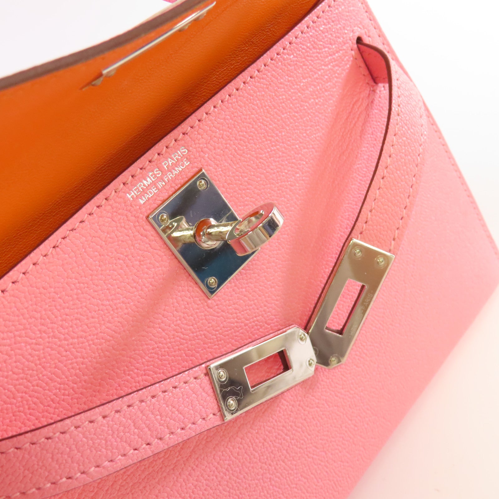 HERMES Chevre皮革Mini Kelly 2 2Way Shoulder Bag銀扣手挽肩背兩用袋Rose Confetti糖果粉色/Orange橙色