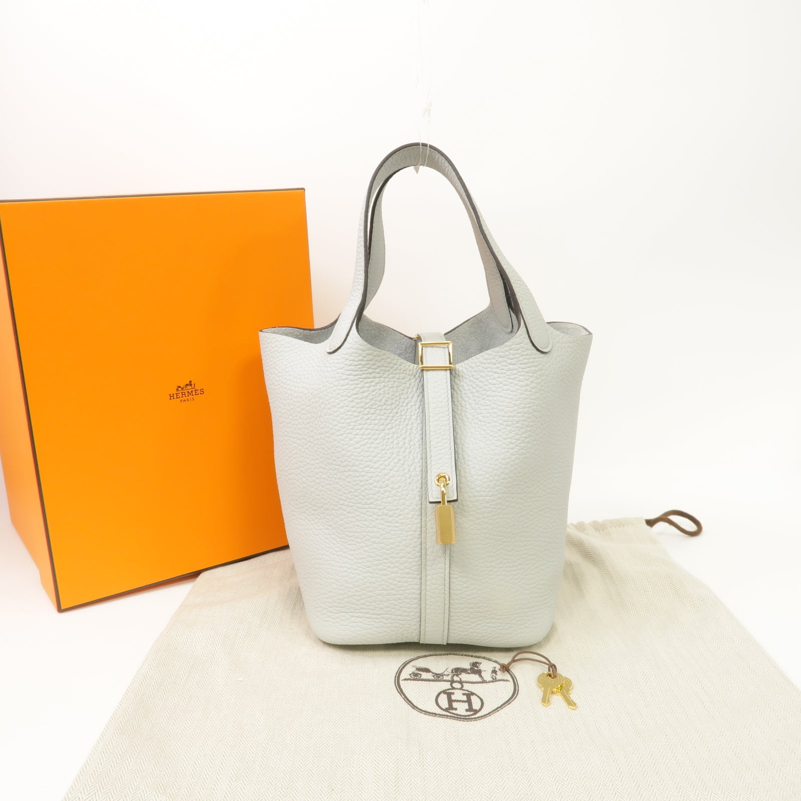 HERMES Clemence皮革Picotin PM金扣手挽袋淺藍色