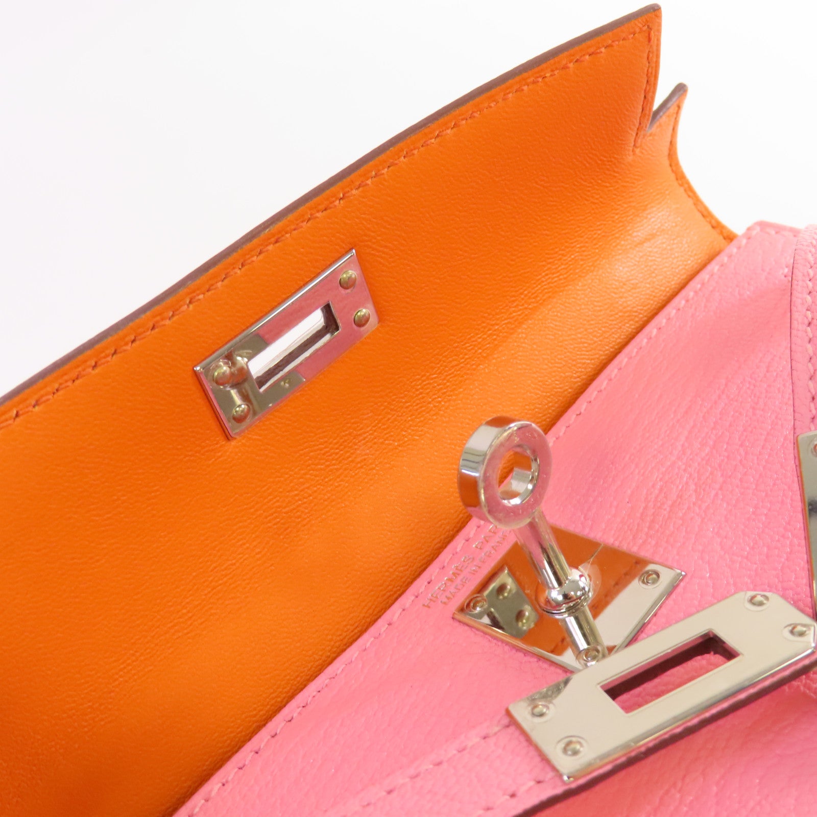 HERMES Chevre皮革Mini Kelly 2 2Way Shoulder Bag銀扣手挽肩背兩用袋Rose Confetti糖果粉色/Orange橙色