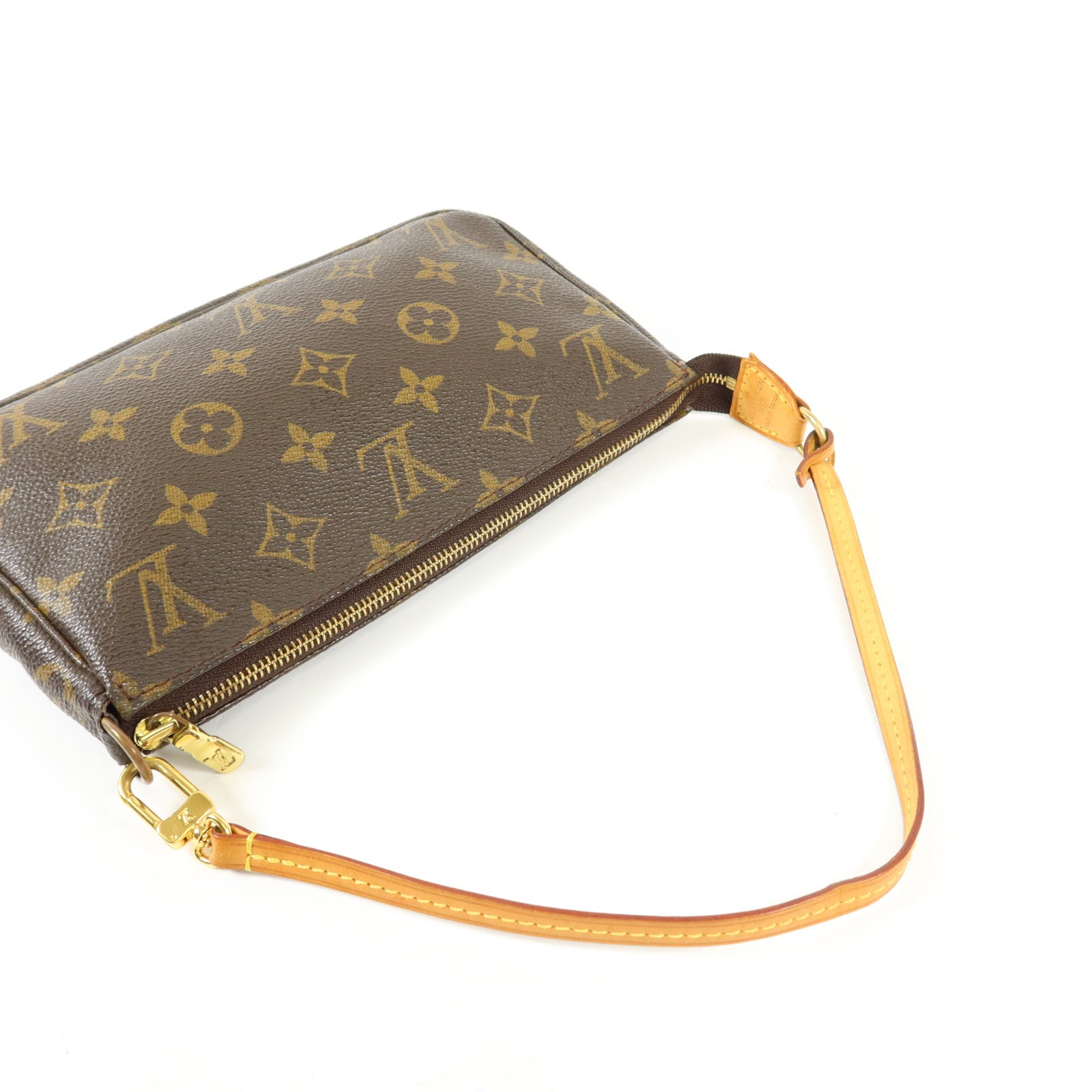 LOUIS VUITTON Monogram Pochette Accessoires金扣手挽袋棕色