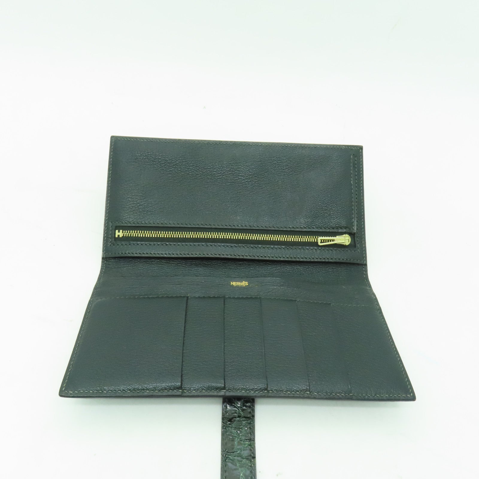 HERMES 【激減優惠】鱷魚皮革Bearn Wallet金扣長錢包Vert Emerald綠色