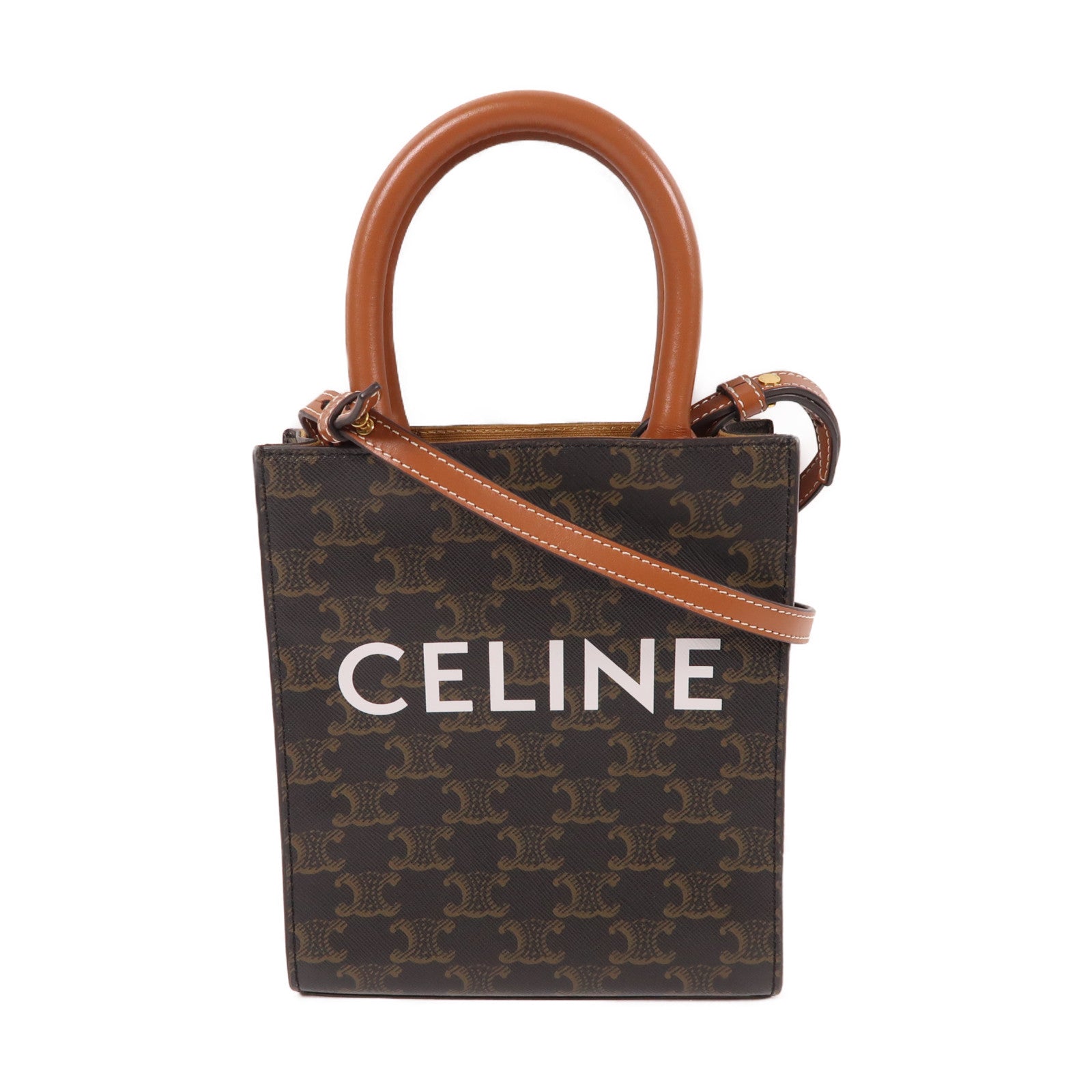 CELINE 塗層帆布Triomphe Cabas Mini金扣手挽肩背兩用袋啡色