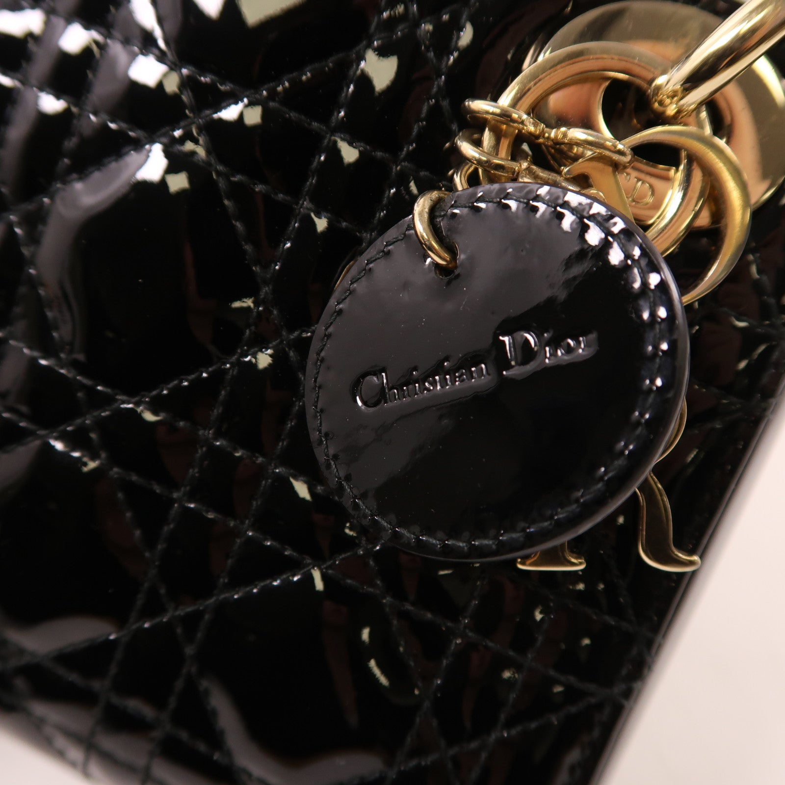 Dior 漆皮皮革Mini Lady Dior金扣鏈帶手挽肩背兩用袋