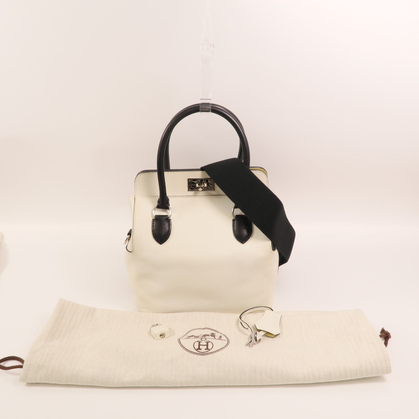 HERMES Evercolor皮革Toolbox 20銀扣手挽肩背兩用袋Blanc/Noir/Jaune Poussin
