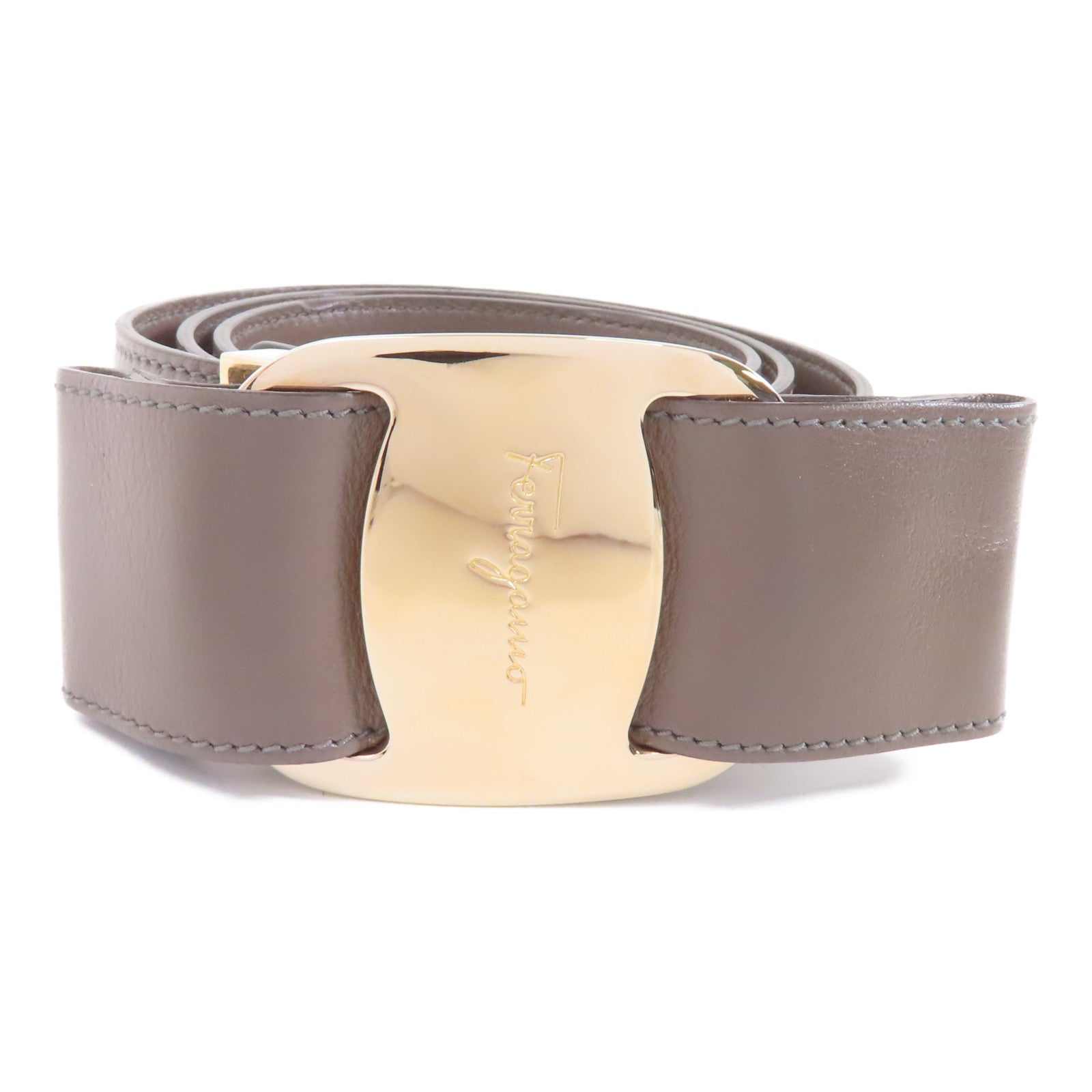 Salvatore Ferragamo 牛皮皮革Belt 80cm金扣皮帶米灰色