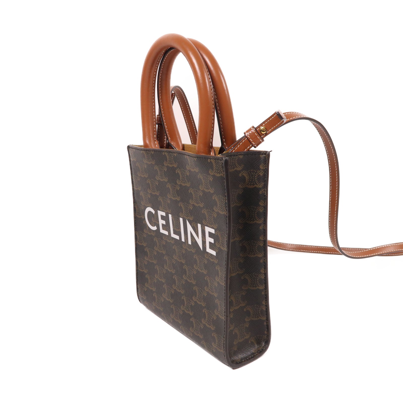 CELINE 塗層帆布Triomphe Cabas Mini金扣手挽肩背兩用袋啡色