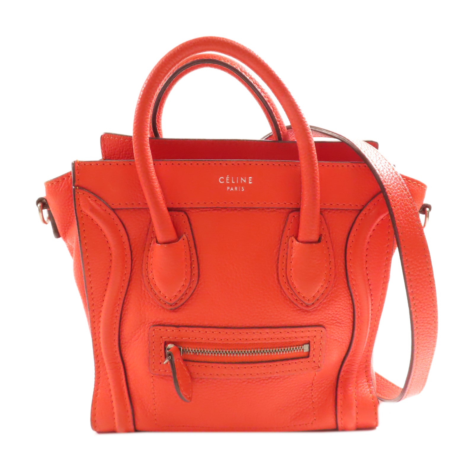 CELINE 牛皮皮革Nano Luggage銀扣手挽肩背兩用袋紅色
