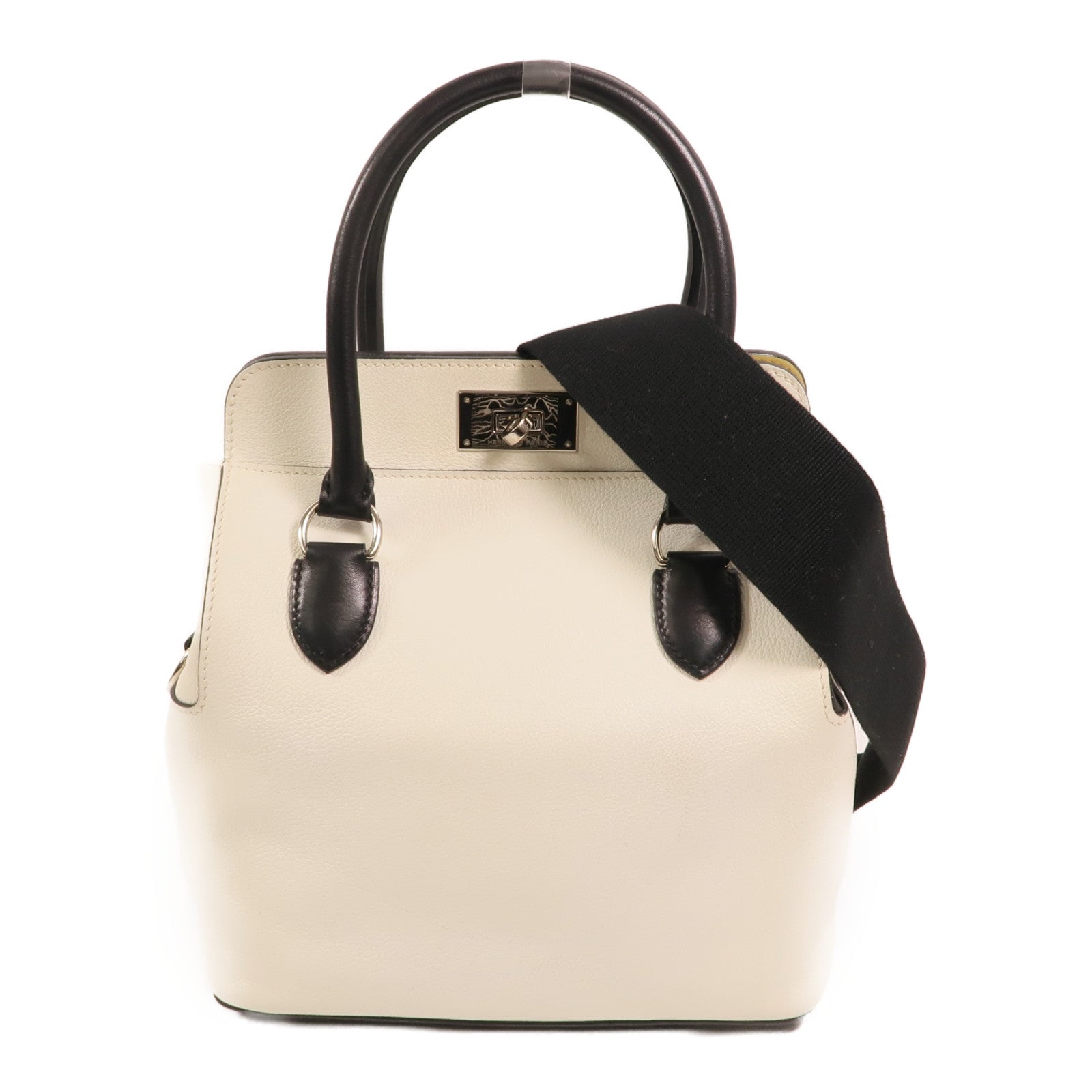 HERMES Evercolor皮革Toolbox 20銀扣手挽肩背兩用袋Blanc/Noir/Jaune Poussin