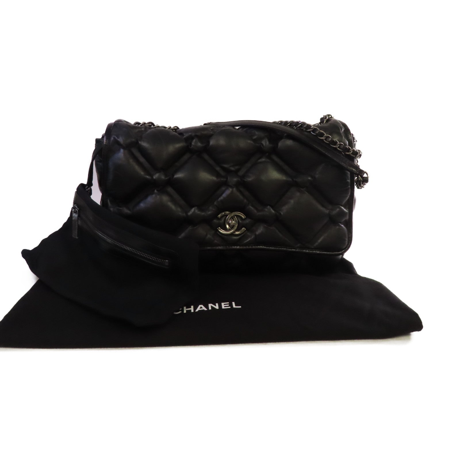 CHANEL 菱格牛皮皮革Bubble Chain Shoulder Bag銀扣鏈帶肩背袋黑色