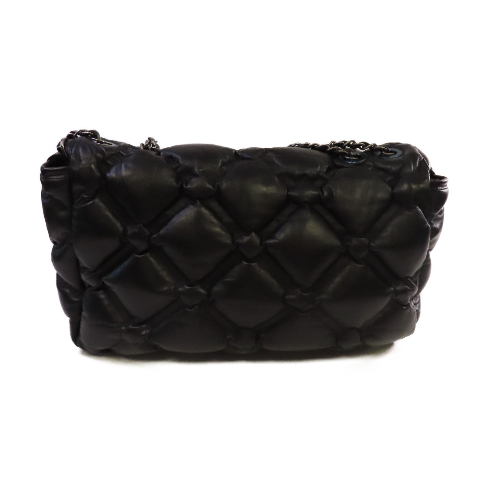 CHANEL 菱格牛皮皮革Bubble Chain Shoulder Bag銀扣鏈帶肩背袋黑色