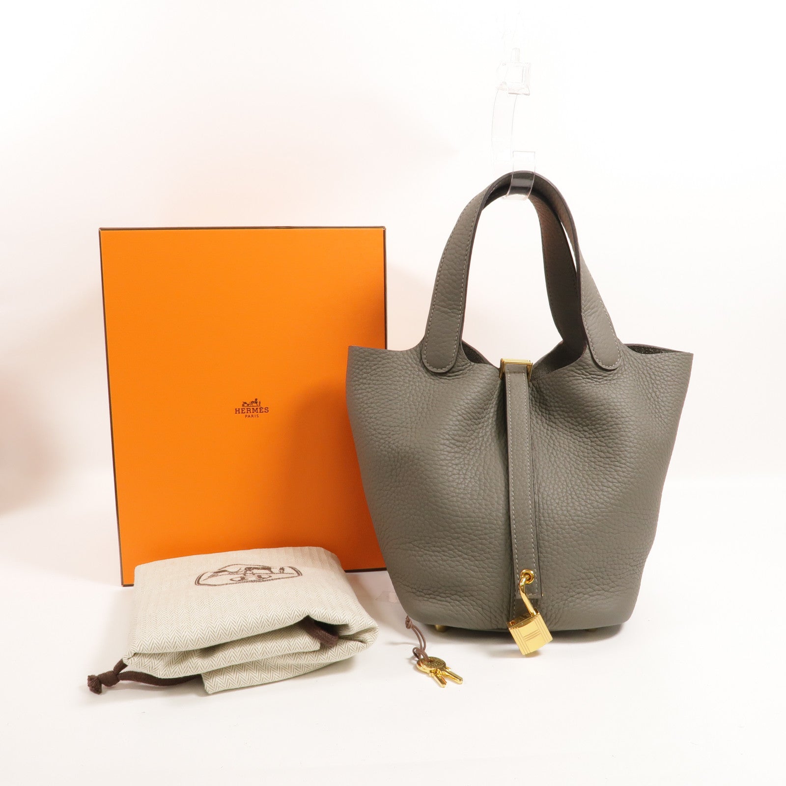 HERMES Clemence皮革Picotin PM手挽袋Gris Meyer