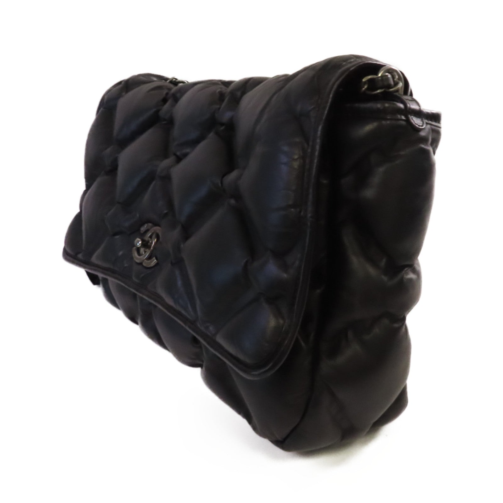 CHANEL 菱格牛皮皮革Bubble Chain Shoulder Bag銀扣鏈帶肩背袋黑色