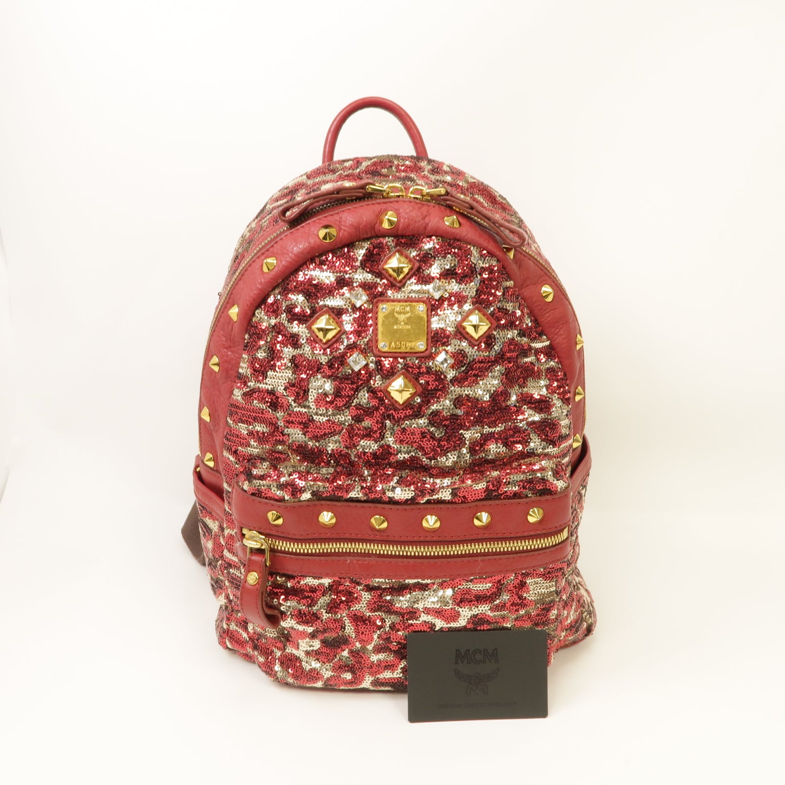 MCM 珠片Backpack金扣背包紅色