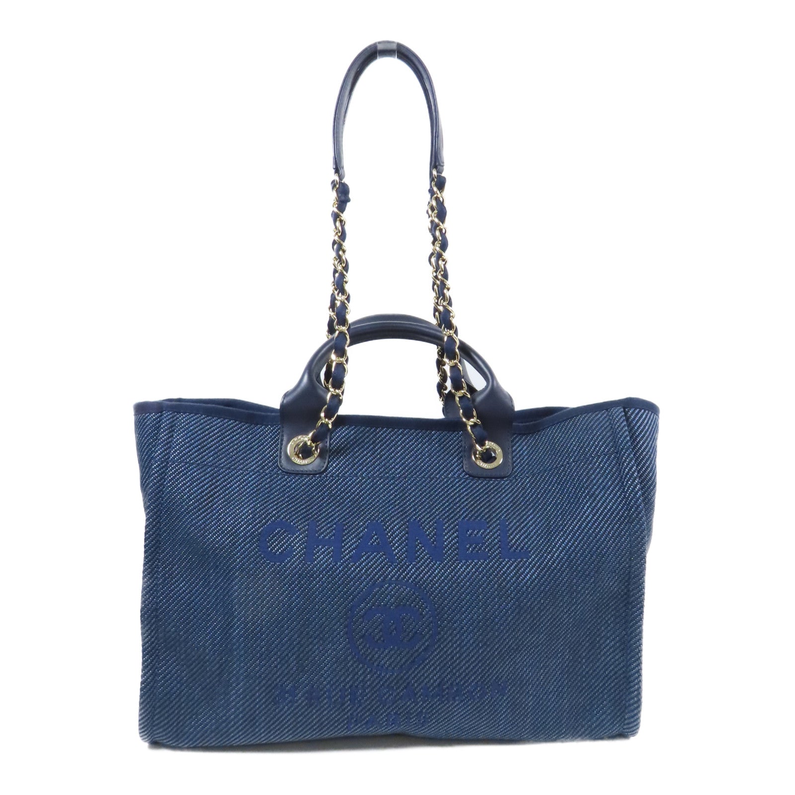 CHANEL 牛皮皮革/帆布Deauville金扣手挽肩背兩用袋
