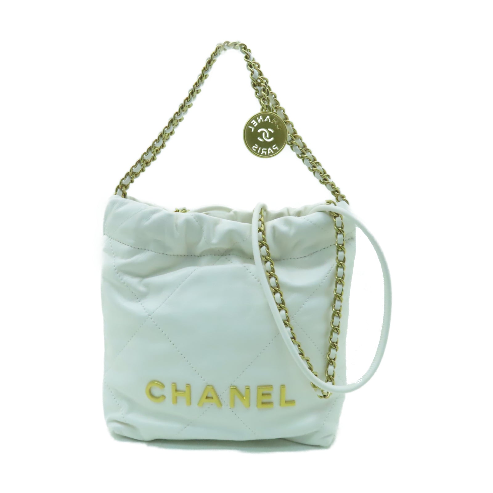 CHANEL 【激減優惠】菱格牛皮皮革22 Mini金扣鏈帶手挽肩背兩用袋白色