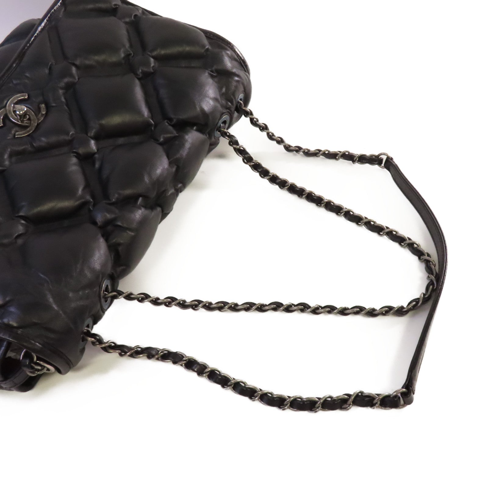 CHANEL 菱格牛皮皮革Bubble Chain Shoulder Bag銀扣鏈帶肩背袋黑色