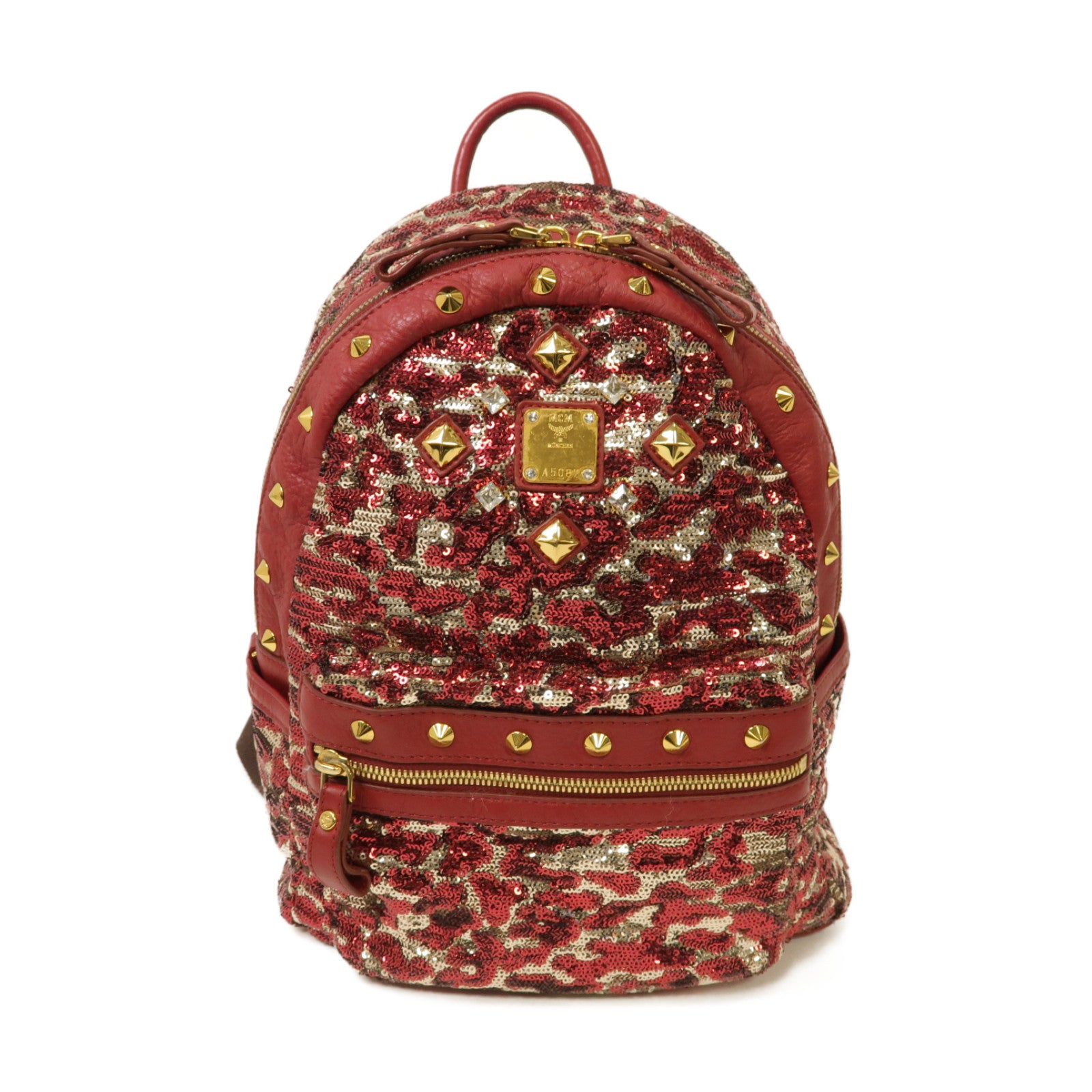 MCM 珠片Backpack金扣背包紅色