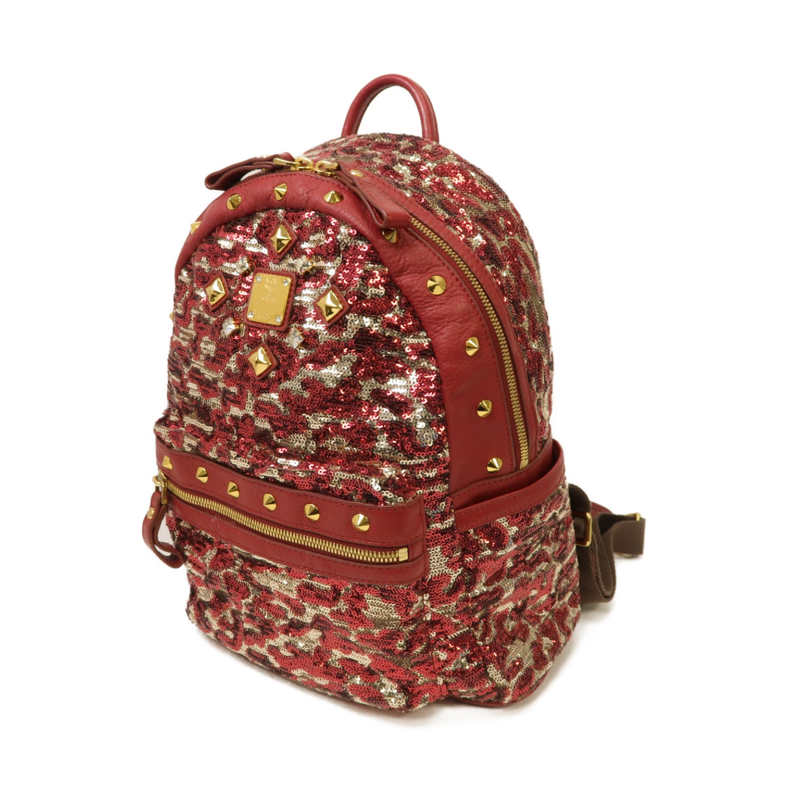 MCM 珠片Backpack金扣背包紅色