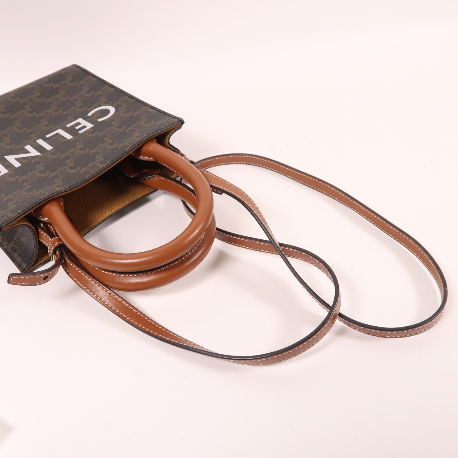 CELINE 塗層帆布Triomphe Cabas Mini金扣手挽肩背兩用袋啡色
