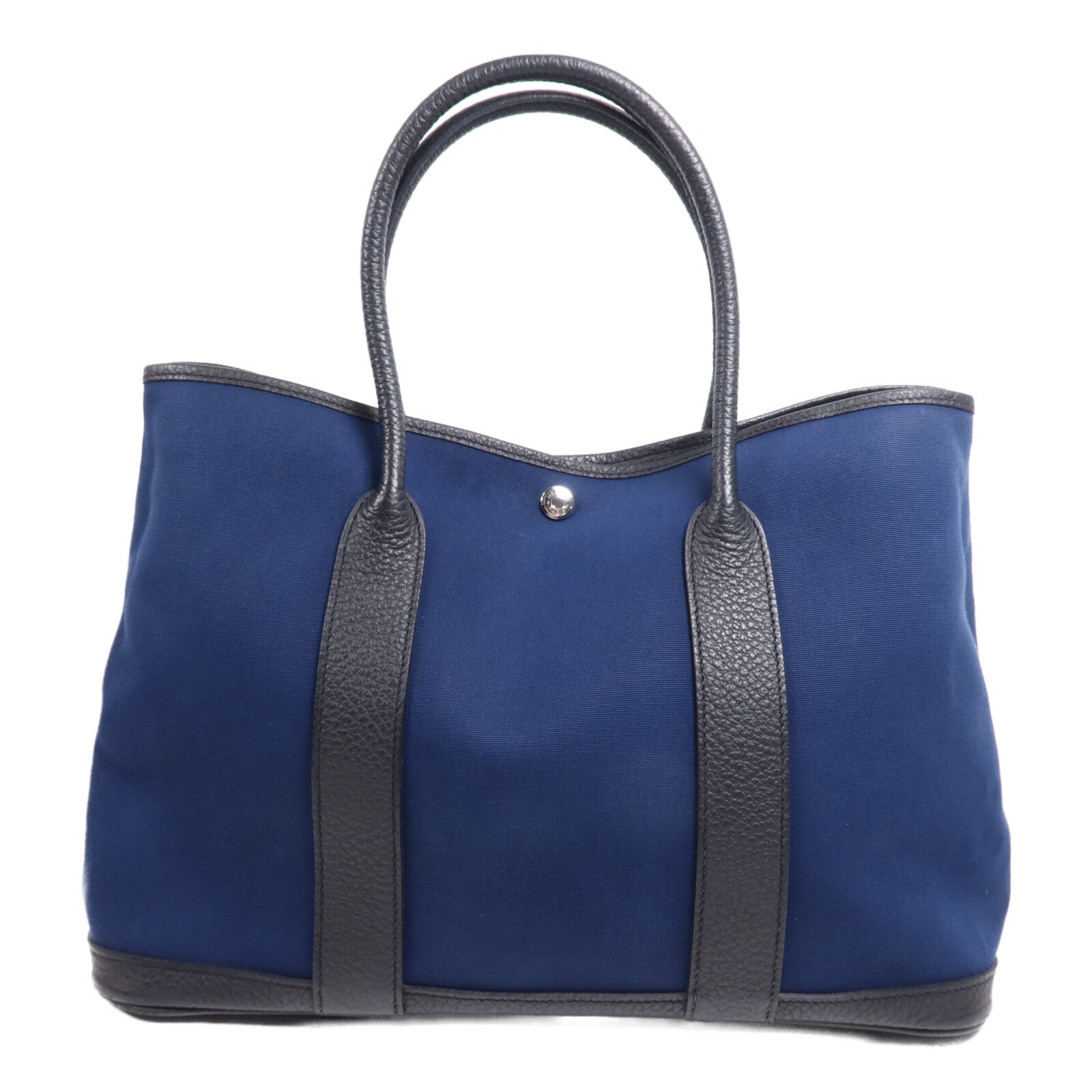 HERMES 帆布/皮革Garden Party PM銀扣手挽袋Leder Blue