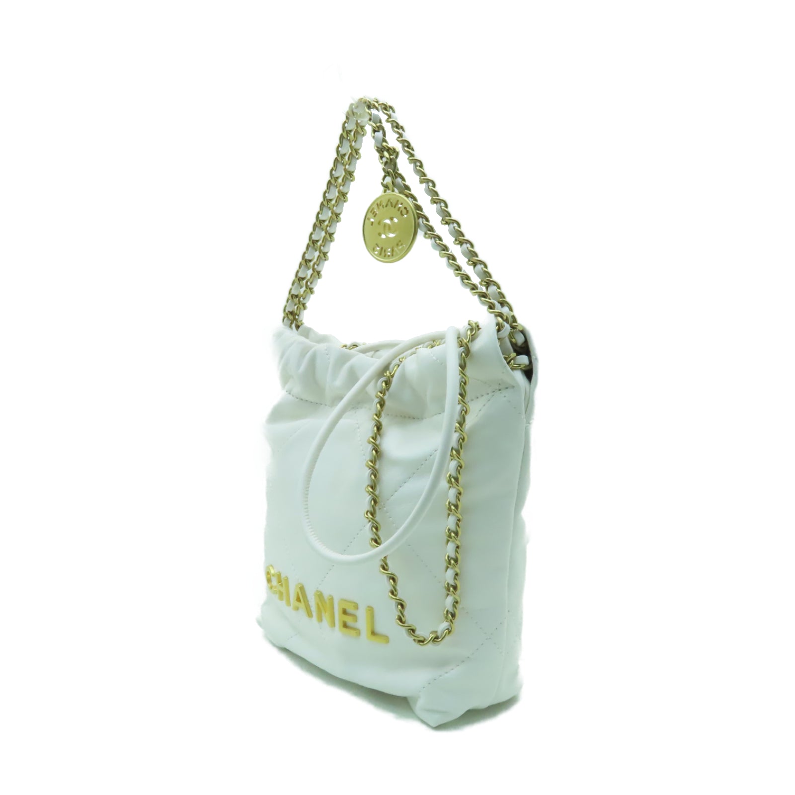 CHANEL 【激減優惠】菱格牛皮皮革22 Mini金扣鏈帶手挽肩背兩用袋白色