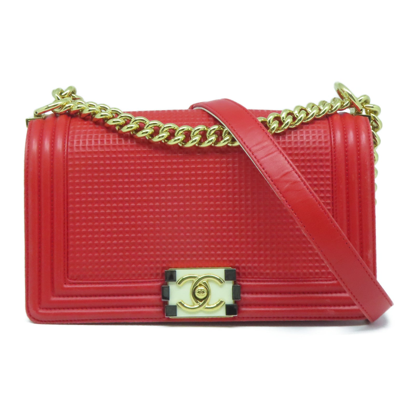CHANEL 【清倉大減價】羊皮皮革Boy Chanel 25cm金扣鏈帶肩背袋紅色