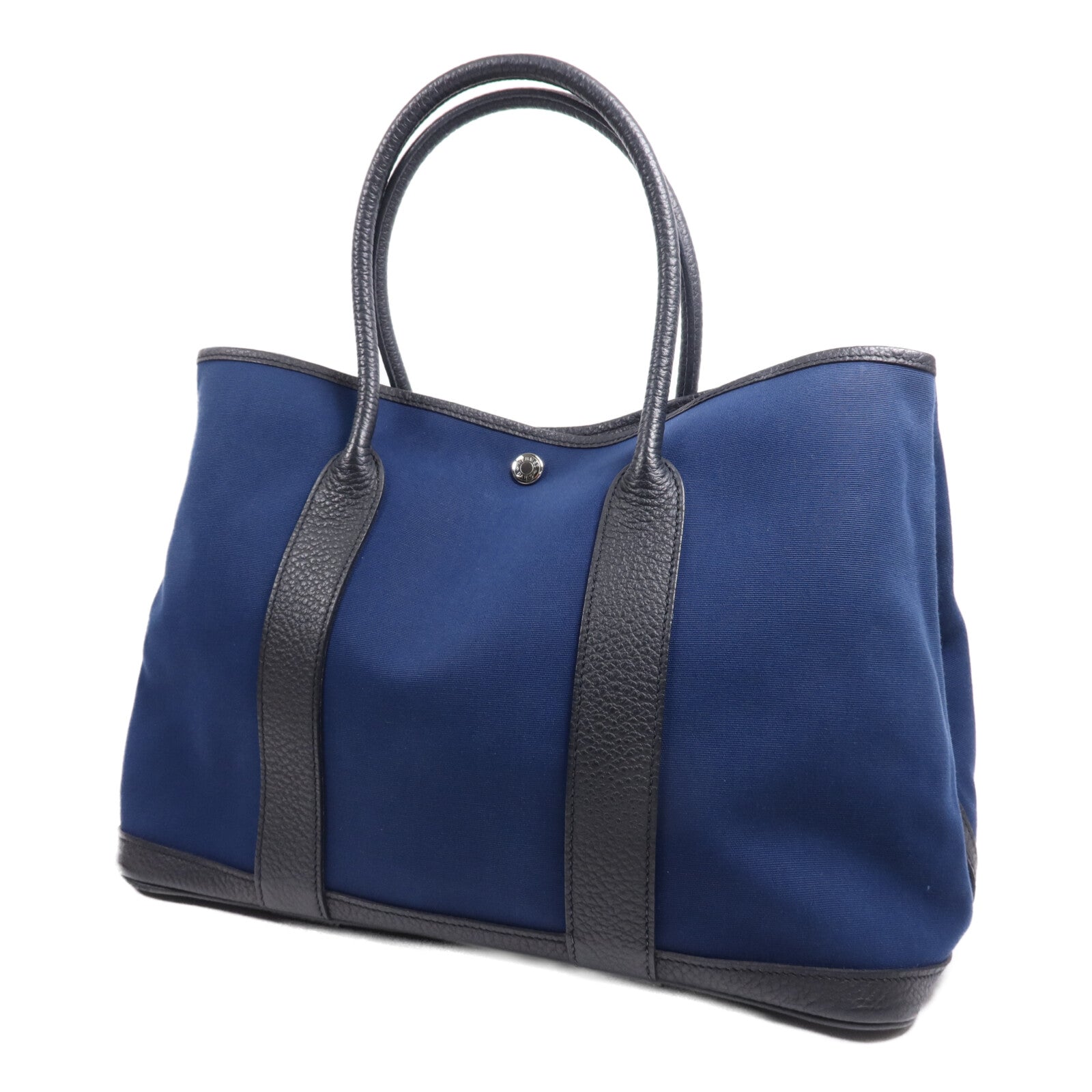 HERMES 帆布/皮革Garden Party PM銀扣手挽袋Leder Blue