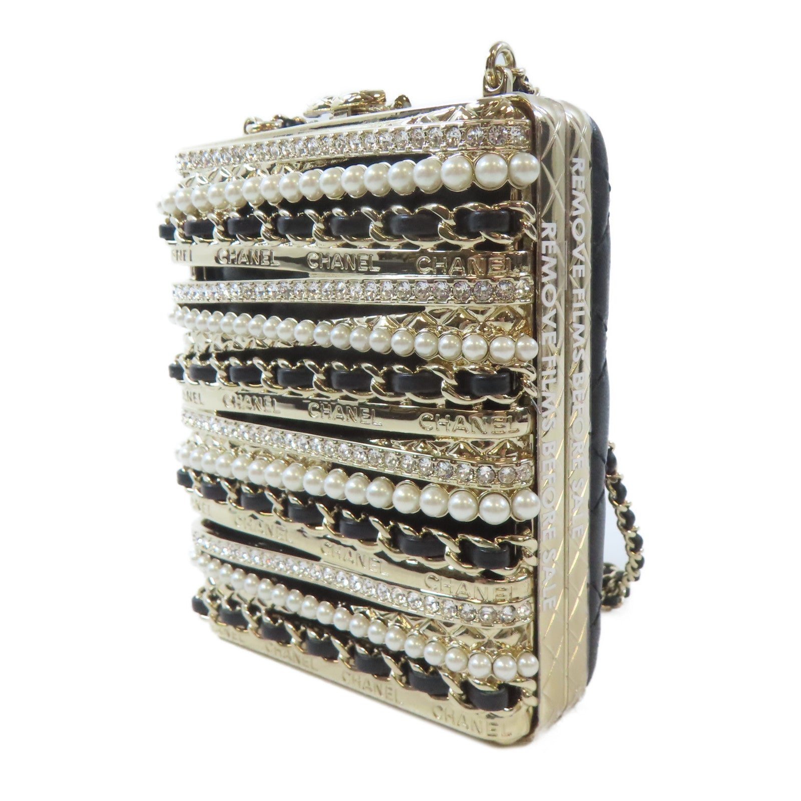 CHANEL 【激減優惠】菱格牛皮皮革/金屬/水晶/PVC Evening Bag金扣肩背袋黑色/金色