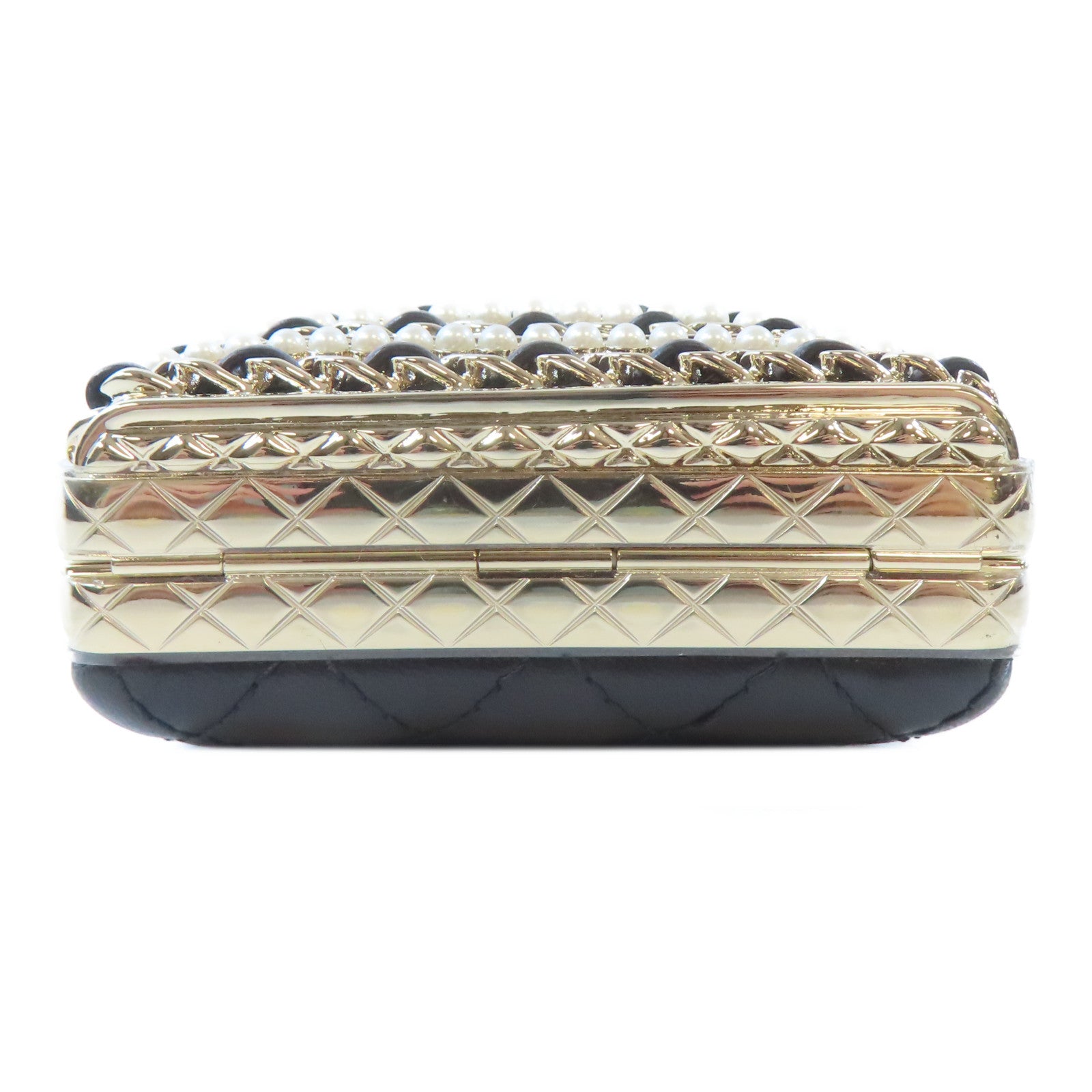 CHANEL 【激減優惠】菱格牛皮皮革/金屬/水晶/PVC Evening Bag金扣肩背袋黑色/金色
