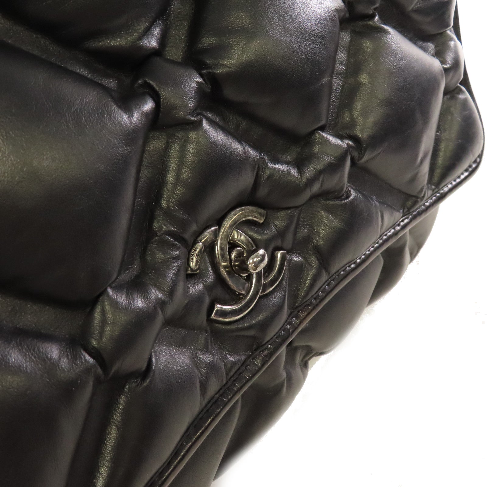 CHANEL 菱格牛皮皮革Bubble Chain Shoulder Bag銀扣鏈帶肩背袋黑色