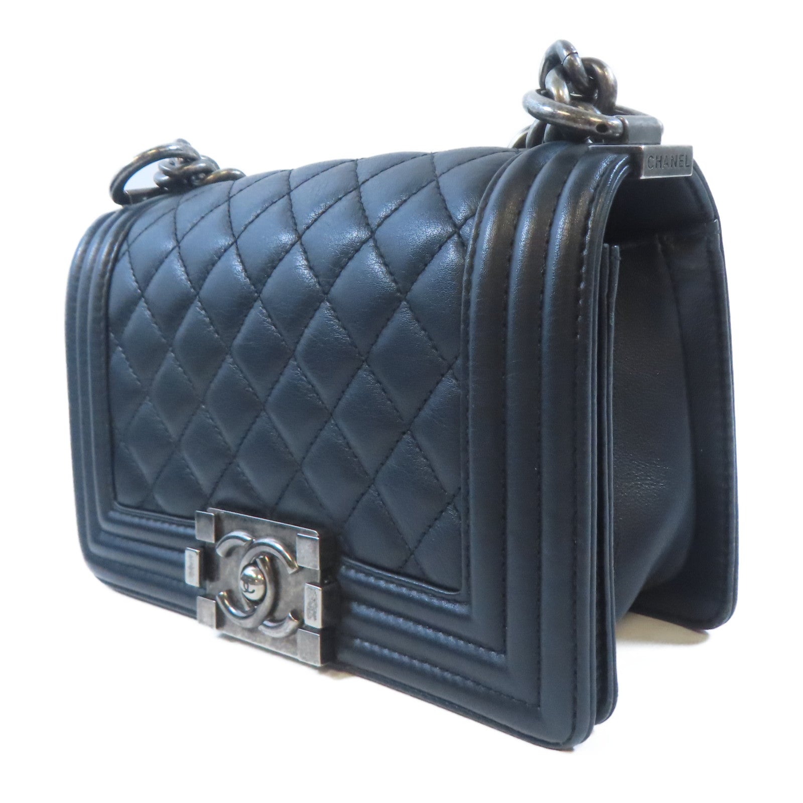 CHANEL 羊皮皮革Boy Chanel鏈帶肩背袋黑色
