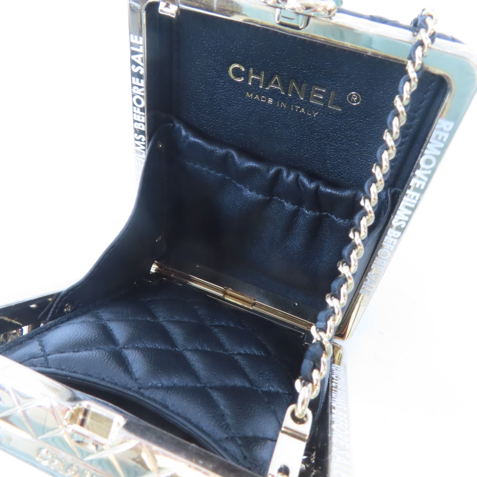 CHANEL 【激減優惠】菱格牛皮皮革/金屬/水晶/PVC Evening Bag金扣肩背袋黑色/金色