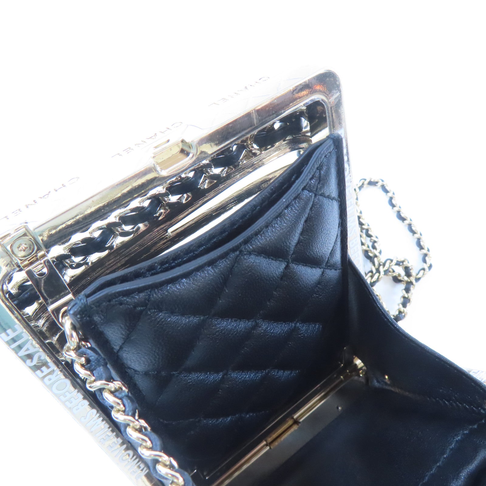 CHANEL 【激減優惠】菱格牛皮皮革/金屬/水晶/PVC Evening Bag金扣肩背袋黑色/金色