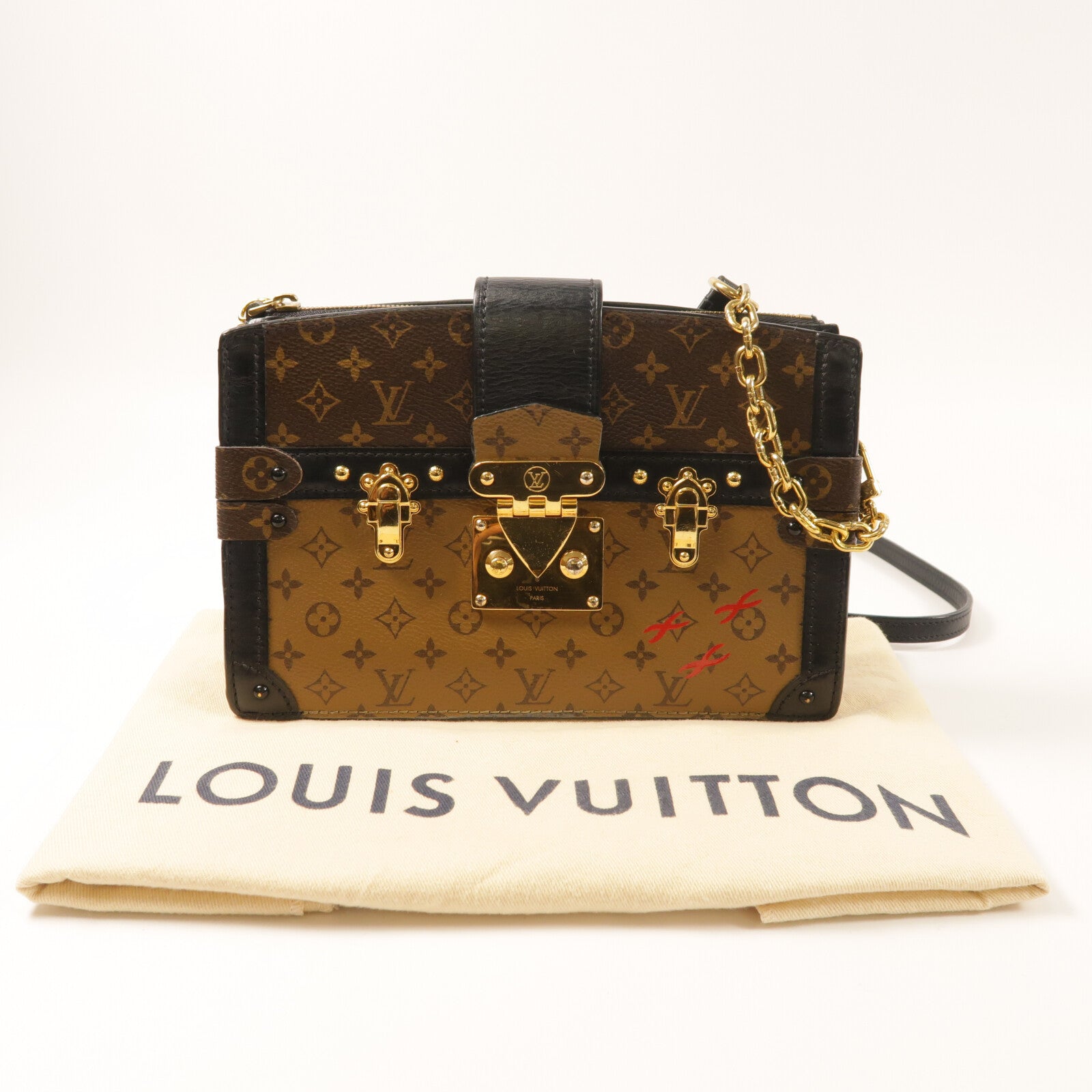 LOUIS VUITTON Monogram Reverse Trunk Clutch金扣肩背袋棕色
