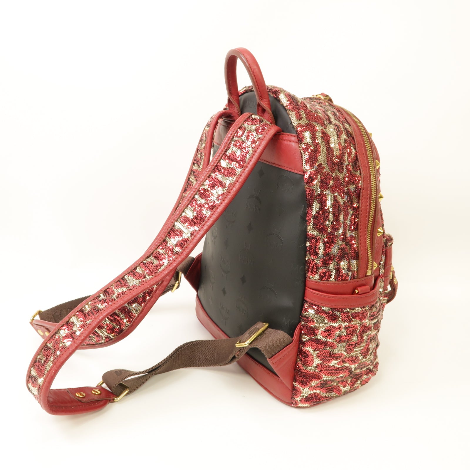 MCM 珠片Backpack金扣背包紅色