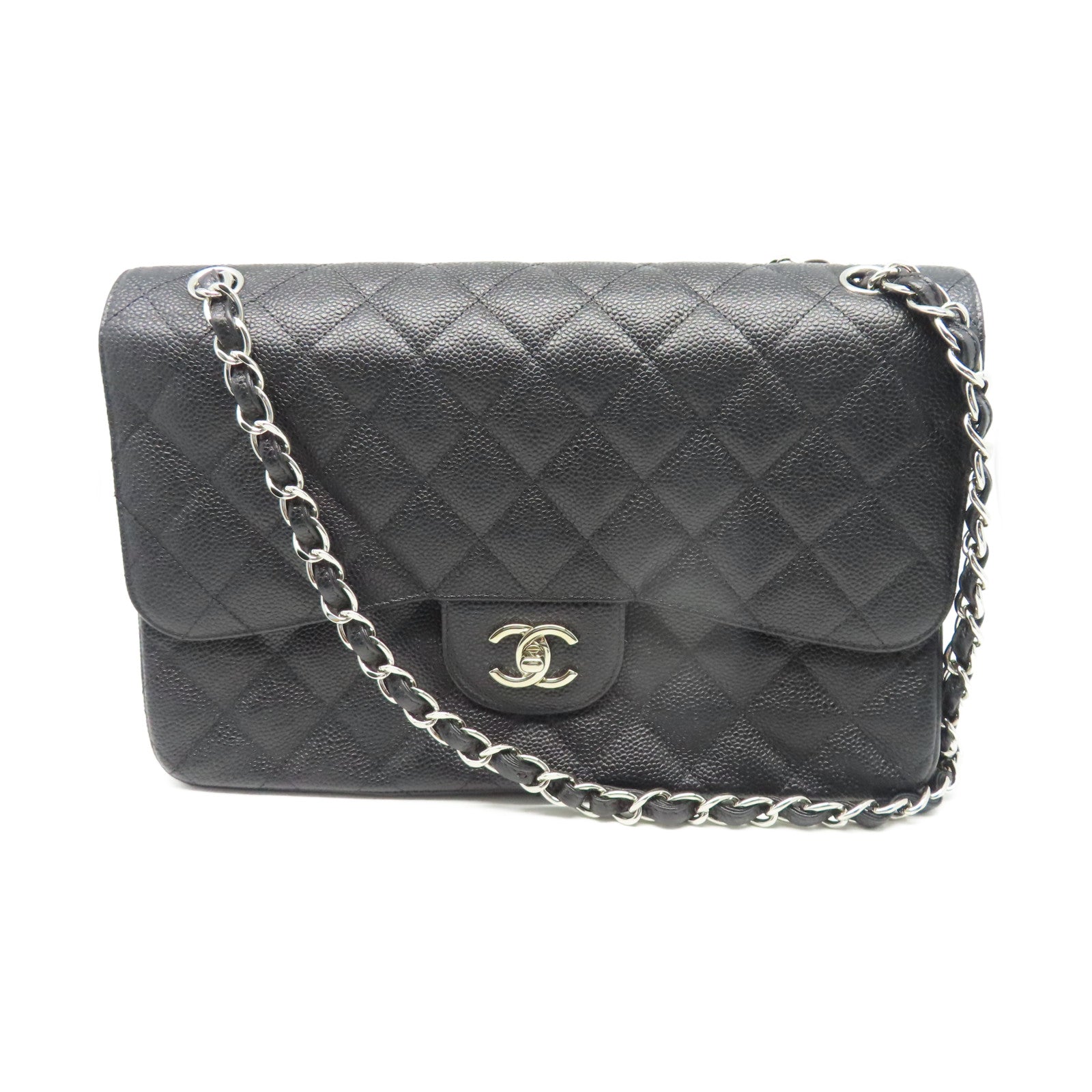 CHANEL 【清倉大減價】菱格Caviar皮革Chain Shoulder金扣鏈帶肩背袋黑色