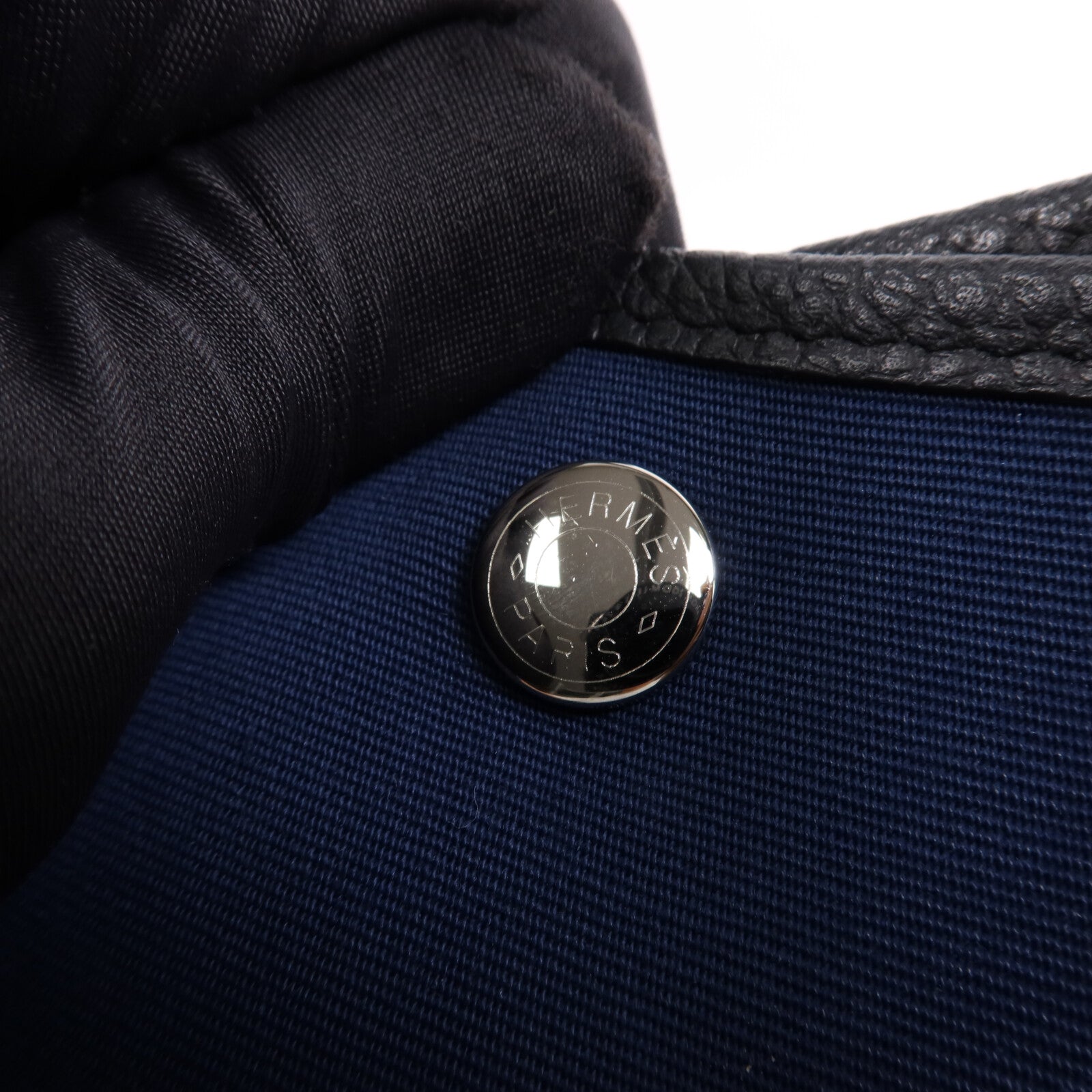 HERMES 帆布/皮革Garden Party PM銀扣手挽袋Leder Blue